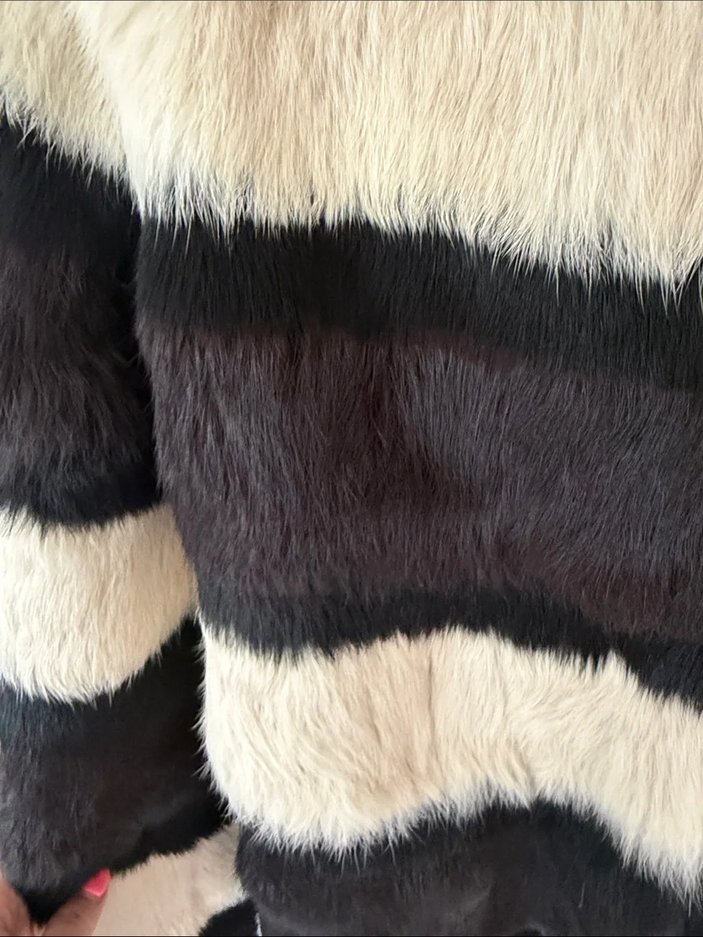 Tory Burch Women's Black and Cream Striped Rabbit Fur Coat